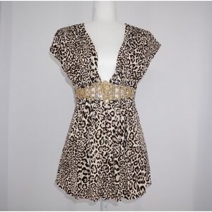 Vintage Sky Leopard Print Deep V-Neck Tunic Top Embellished Medium Mobwife Core